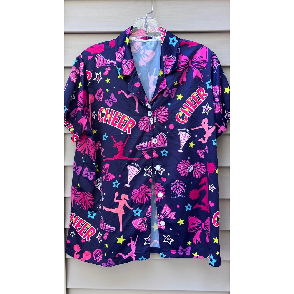 Cheer Pajama Set Navy Pink Cheerleader Shorts and Button Down Shirt Size M